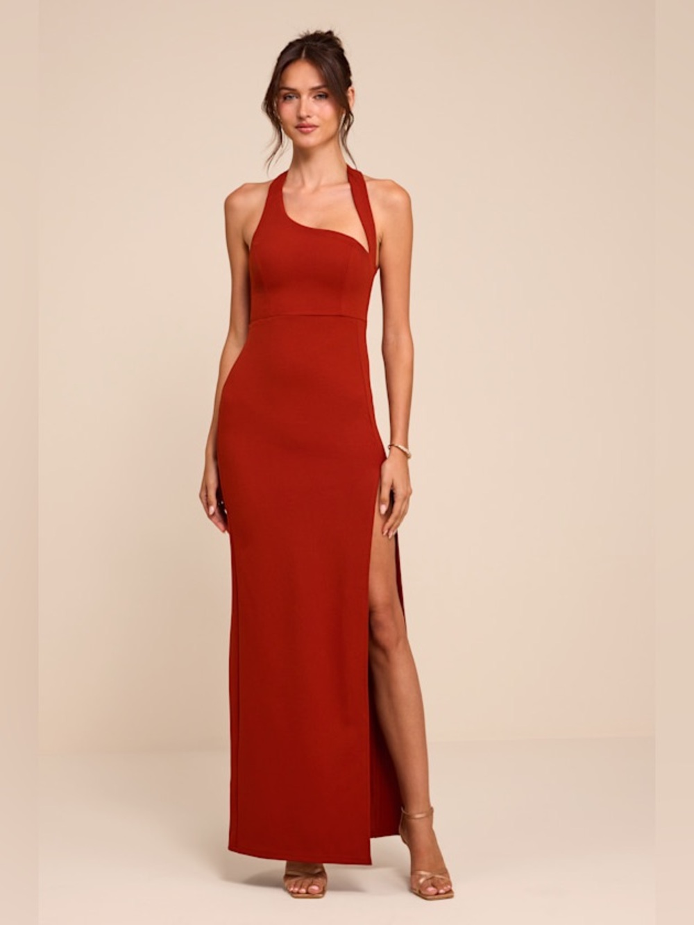 Unforgettable Rust Red Asymmetrical Halter Maxi Dress New with Tags Large